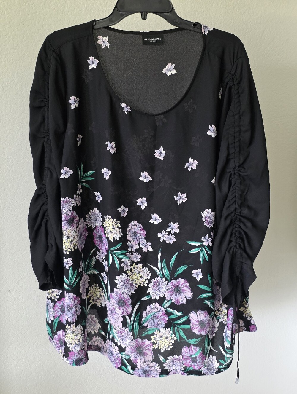Liz Claiborne Black Floral Ruched Sleeve Tunic Blouse Top 2X Plus Boho